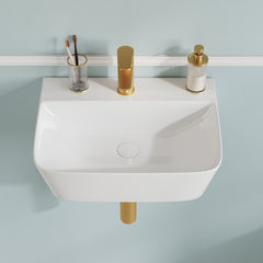 DeerValley DV-EU1WS0433 Wandmontiertes Badezimmer-Waschbecken, Rechteckiges Keramikbecken, Modernes Weiß, Wand- oder Aufsatzmontage, Ohne Überlauf, Mit Wasserloch, 41×32×12 cm,DE
