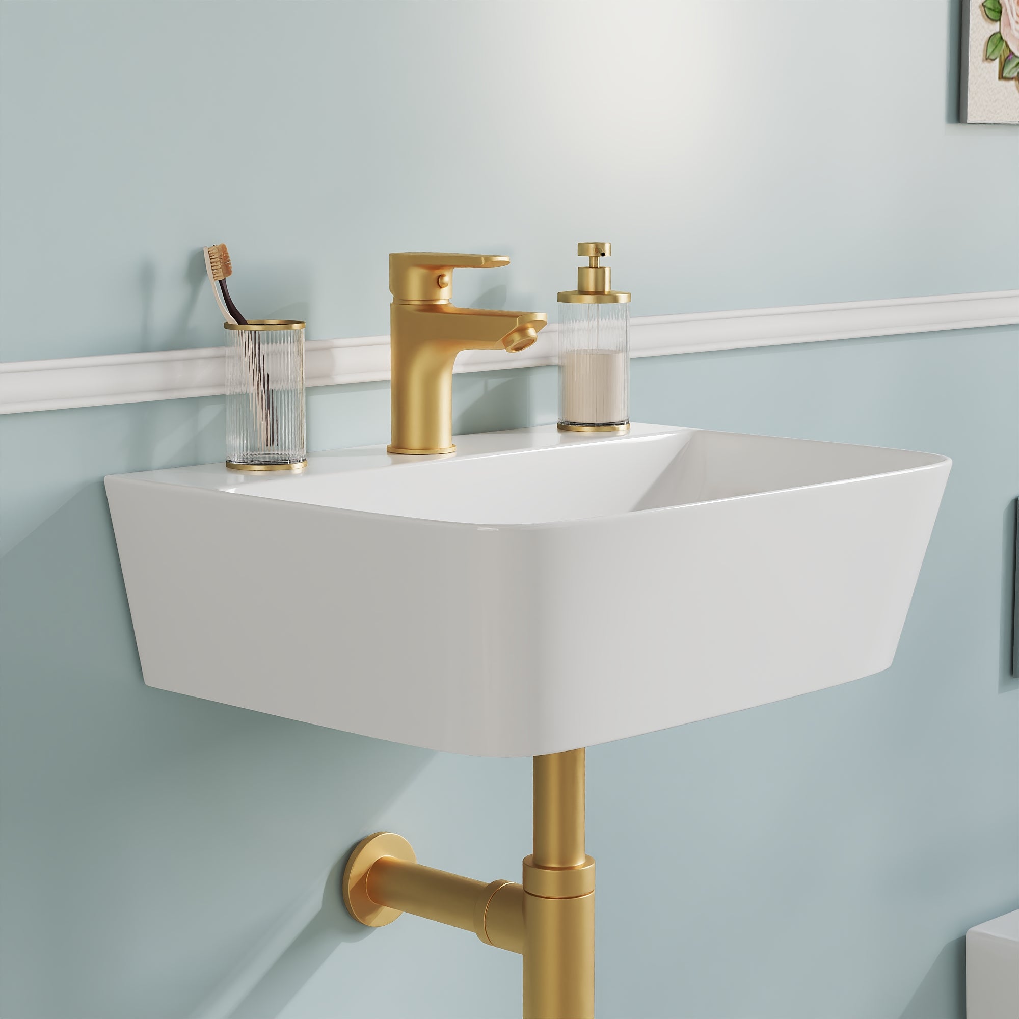 DeerValley DV-EU1WS0433 Wandmontiertes Badezimmer-Waschbecken, Rechteckiges Keramikbecken, Modernes Weiß, Wand- oder Aufsatzmontage, Ohne Überlauf, Mit Wasserloch, 41×32×12 cm,DE