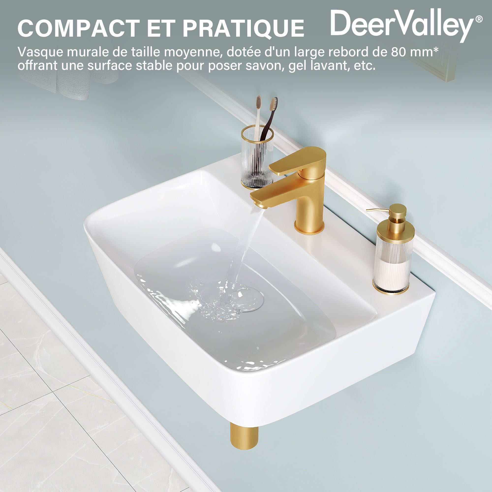 Lavabo mural DeerValley DV-EU1WS0433, Vasque rectangulaire en céramique, Blanc moderne, Installation murale ou sur plan, Sans trop-plein, Avec trou pour robinet, 41×32×12 cm,FR