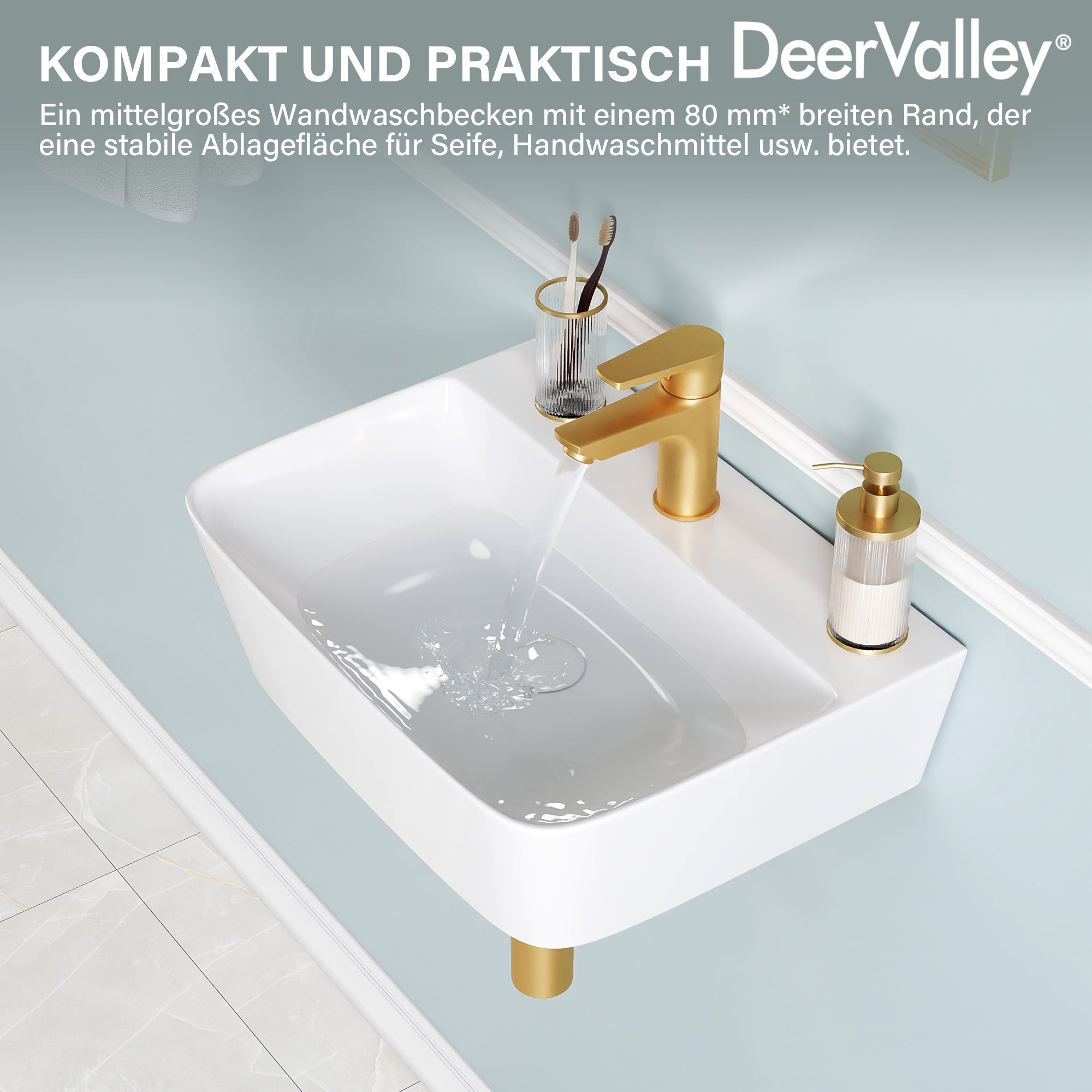 DeerValley DV-EU1WS0433 Wandmontiertes Badezimmer-Waschbecken, Rechteckiges Keramikbecken, Modernes Weiß, Wand- oder Aufsatzmontage, Ohne Überlauf, Mit Wasserloch, 41×32×12 cm,DE