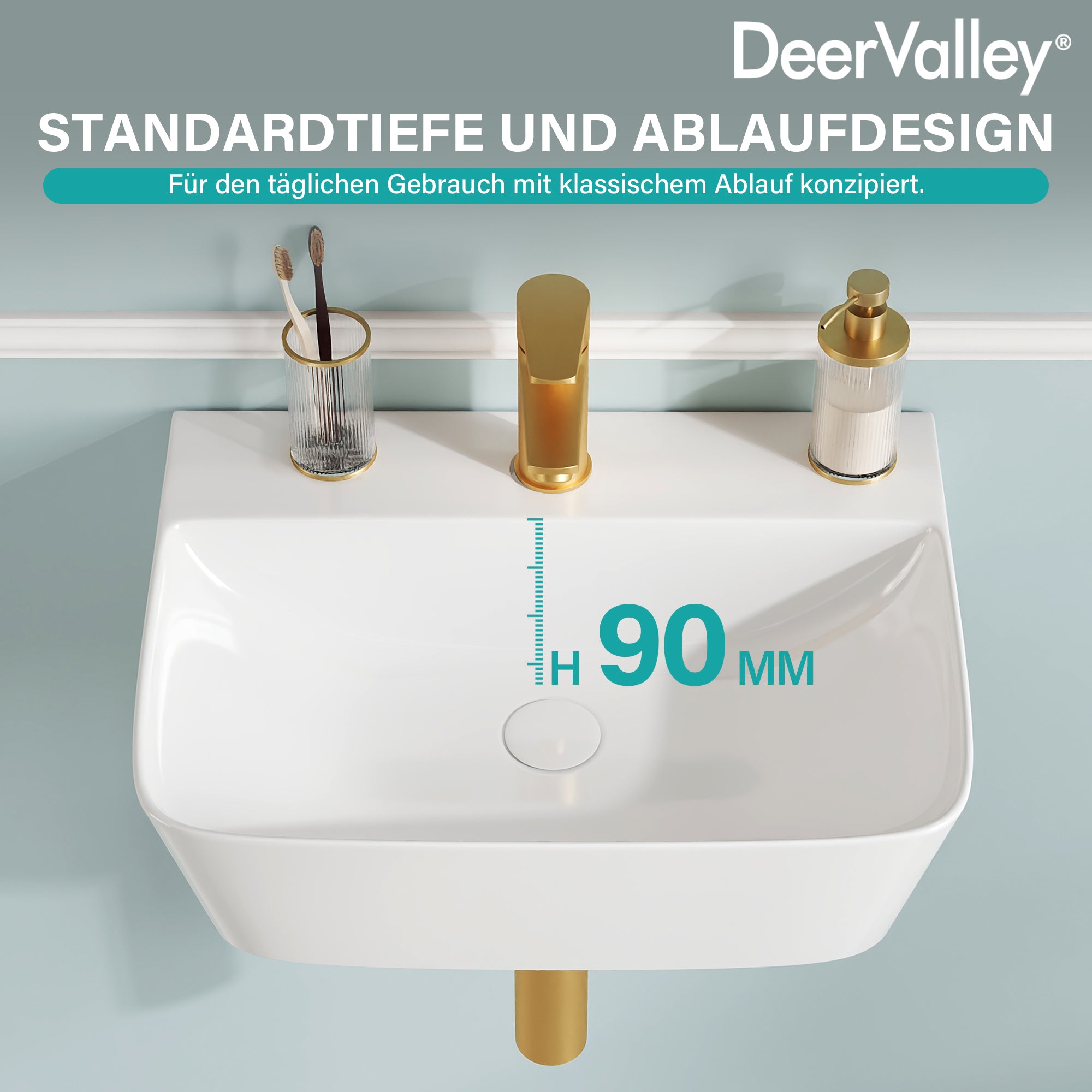 DeerValley DV-EU1WS0433 Wandmontiertes Badezimmer-Waschbecken, Rechteckiges Keramikbecken, Modernes Weiß, Wand- oder Aufsatzmontage, Ohne Überlauf, Mit Wasserloch, 41×32×12 cm,DE