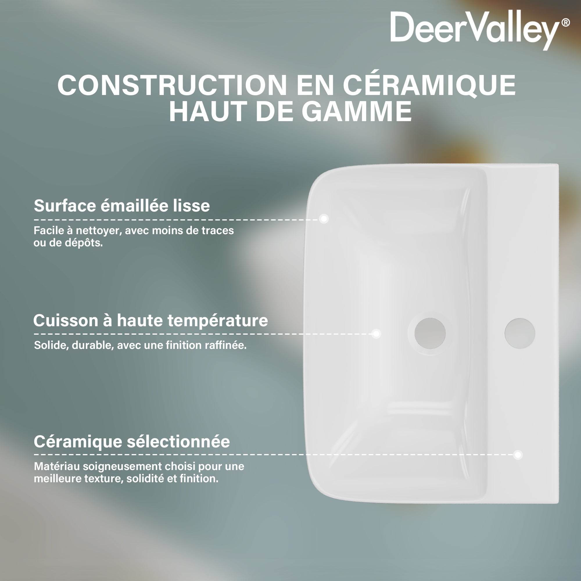 Lavabo mural DeerValley DV-EU1WS0433, Vasque rectangulaire en céramique, Blanc moderne, Installation murale ou sur plan, Sans trop-plein, Avec trou pour robinet, 41×32×12 cm,FR