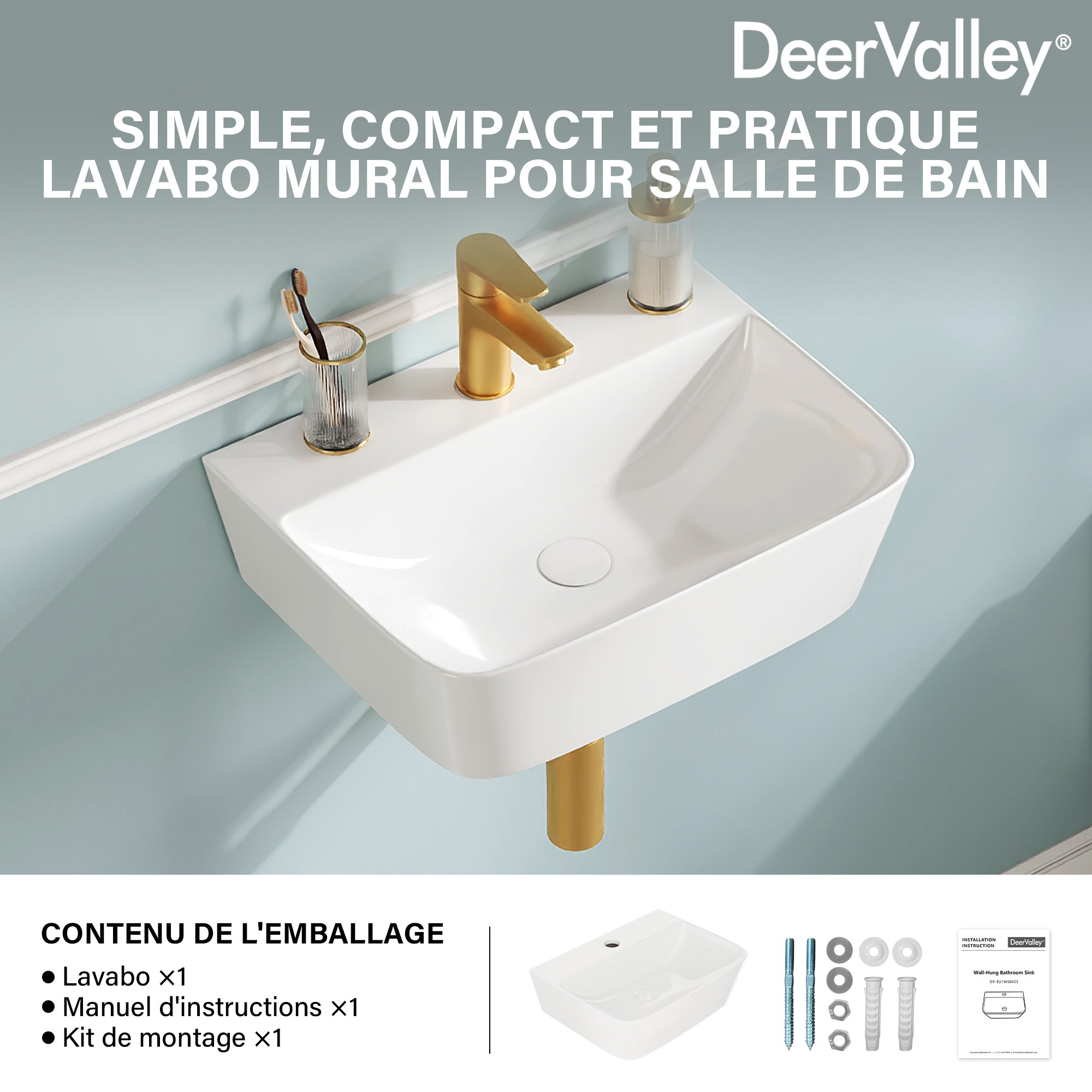 Lavabo mural DeerValley DV-EU1WS0433, Vasque rectangulaire en céramique, Blanc moderne, Installation murale ou sur plan, Sans trop-plein, Avec trou pour robinet, 41×32×12 cm,FR