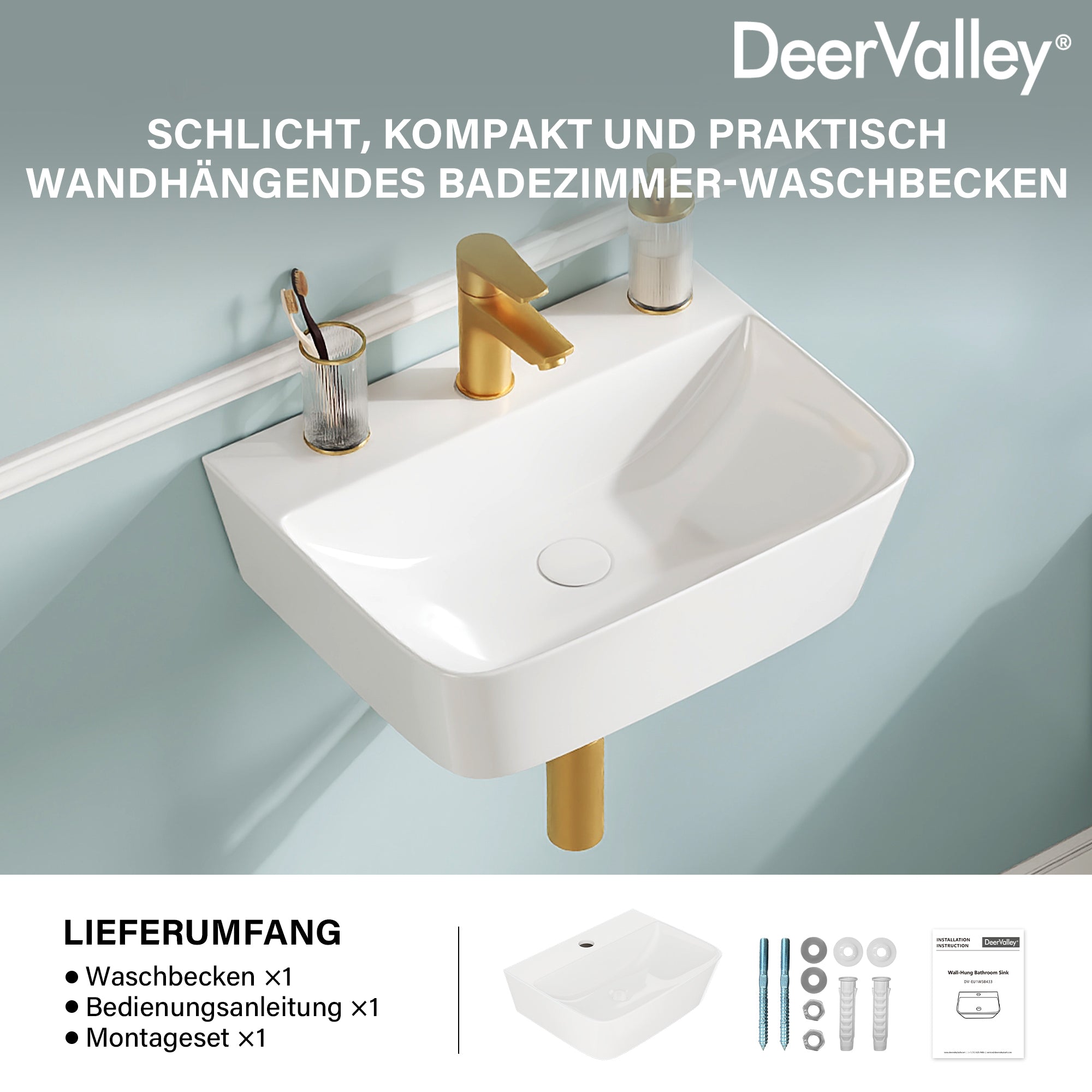 DeerValley DV-EU1WS0433 Wandmontiertes Badezimmer-Waschbecken, Rechteckiges Keramikbecken, Modernes Weiß, Wand- oder Aufsatzmontage, Ohne Überlauf, Mit Wasserloch, 41×32×12 cm,DE