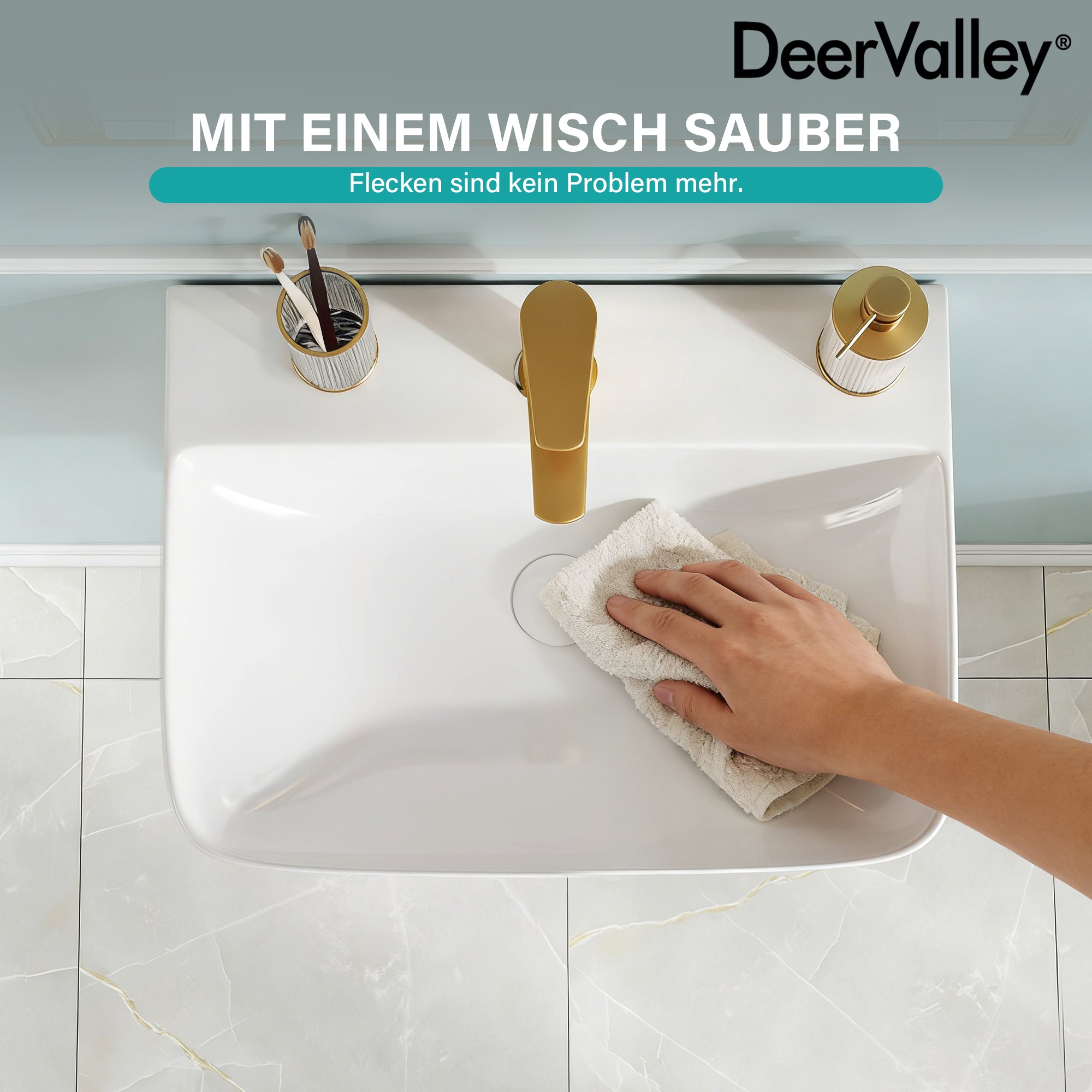 DeerValley DV-EU1WS0433 Wandmontiertes Badezimmer-Waschbecken, Rechteckiges Keramikbecken, Modernes Weiß, Wand- oder Aufsatzmontage, Ohne Überlauf, Mit Wasserloch, 41×32×12 cm,DE