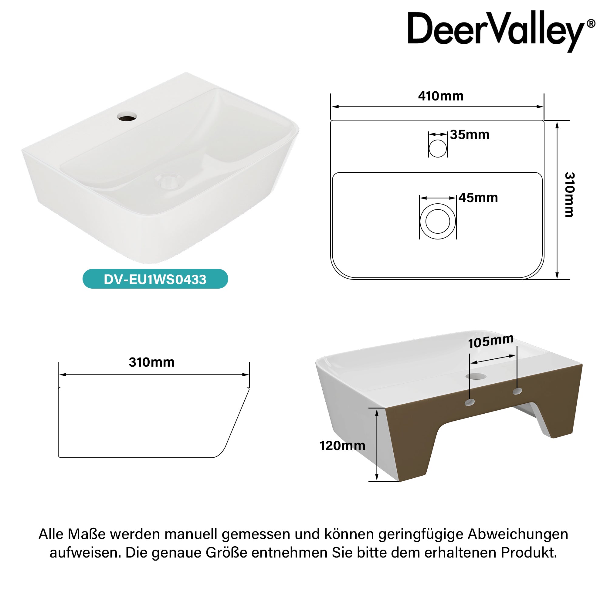 DeerValley DV-EU1WS0433 Wandmontiertes Badezimmer-Waschbecken, Rechteckiges Keramikbecken, Modernes Weiß, Wand- oder Aufsatzmontage, Ohne Überlauf, Mit Wasserloch, 41×32×12 cm,DE