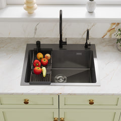 DeerValley DV-EU1K0390 Évier de cuisine encastrable 55 cm x 45 cm avec ensemble robinet, évier simple en acier inoxydable noir nano, fait à la main, avec panier égouttoir rétractable et bonde à pression,FR