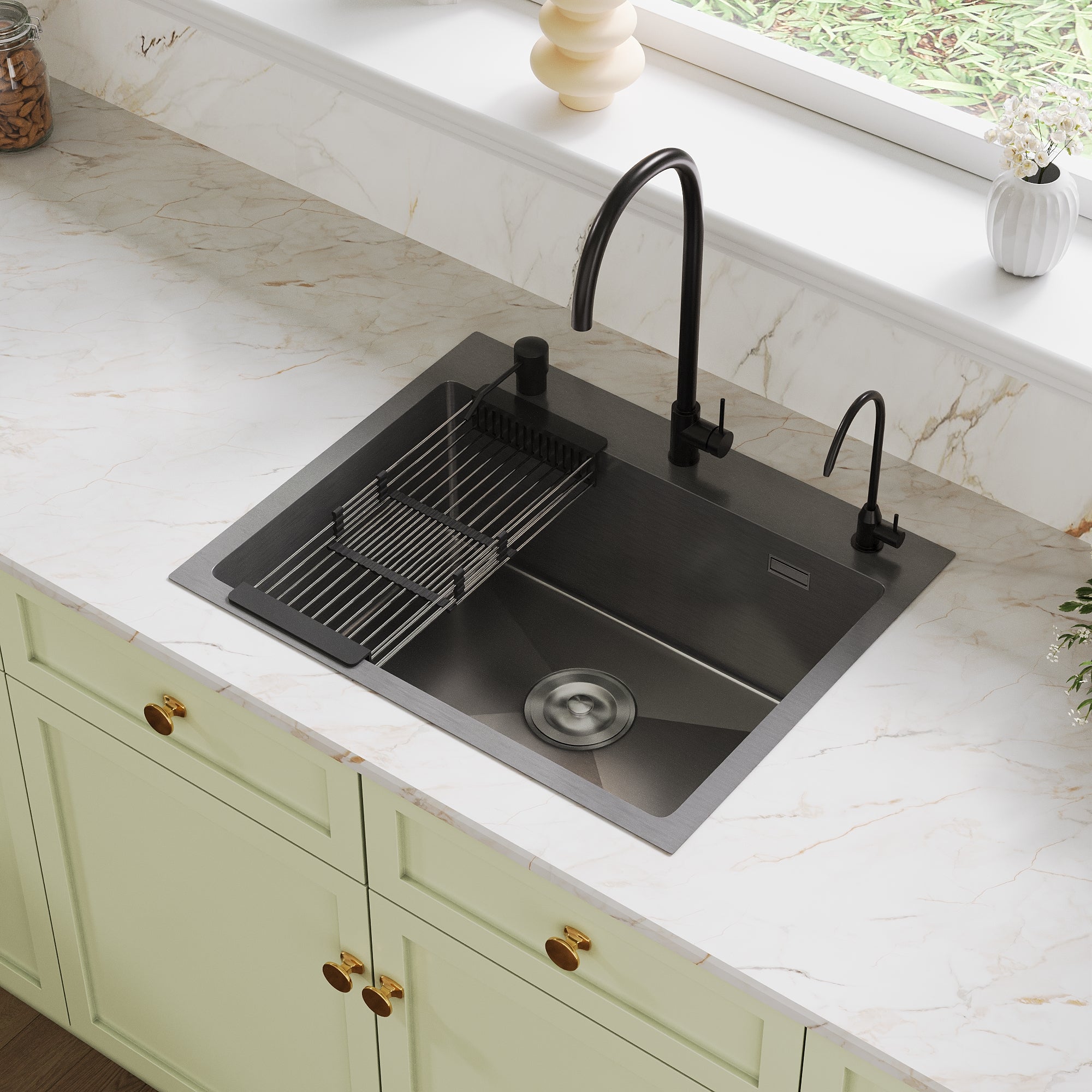 DeerValley DV-EU1K0390 55 cm x 45 cm Einbau-Küchenspüle mit Wasserhahn-Set, Nano-Schwarz Edelstahl Handgefertigte Aufsatzspüle mit großem Einzelbecken, ausziehbarem Abtropfkorb und Pop-up-Ablauf,DE