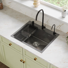 DeerValley DV-EU1K0390 Évier de cuisine encastrable 55 cm x 45 cm avec ensemble robinet, évier simple en acier inoxydable noir nano, fait à la main, avec panier égouttoir rétractable et bonde à pression,FR