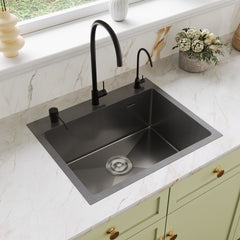 DeerValley DV-EU1K0390 Évier de cuisine encastrable 55 cm x 45 cm avec ensemble robinet, évier simple en acier inoxydable noir nano, fait à la main, avec panier égouttoir rétractable et bonde à pression,FR