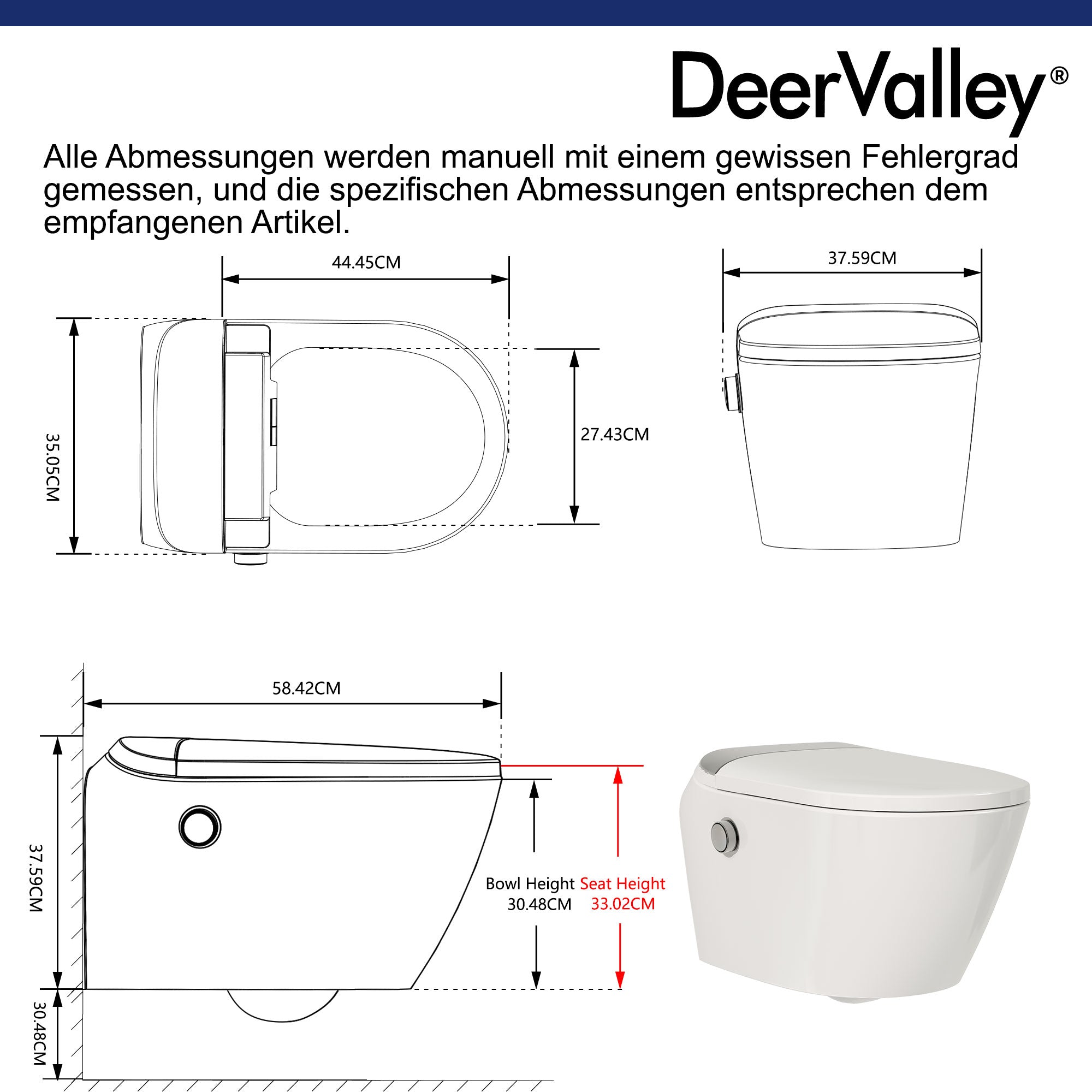 DeerValley Smart Wall-Mounted Toilet with Heated Seat, Warm Air Dryer &amp; Automatic Flush, DE 